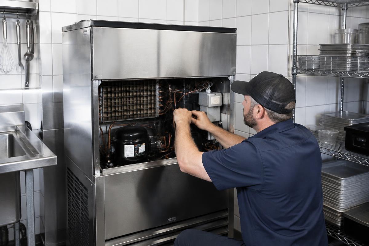 Technician servicing a commercial stainless steel ice machine in a restaurant kitchen near Charlotte, NC