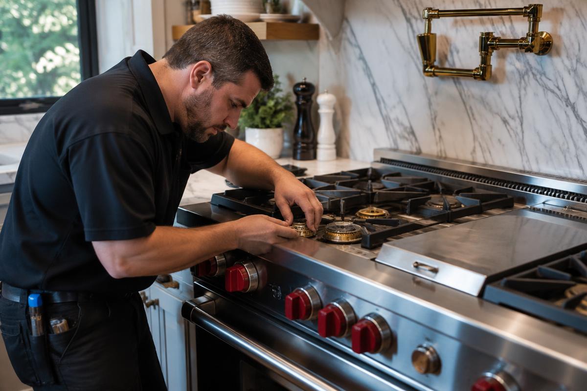 Technician servicing a professional gas range burner in an upscale Charlotte kitchen