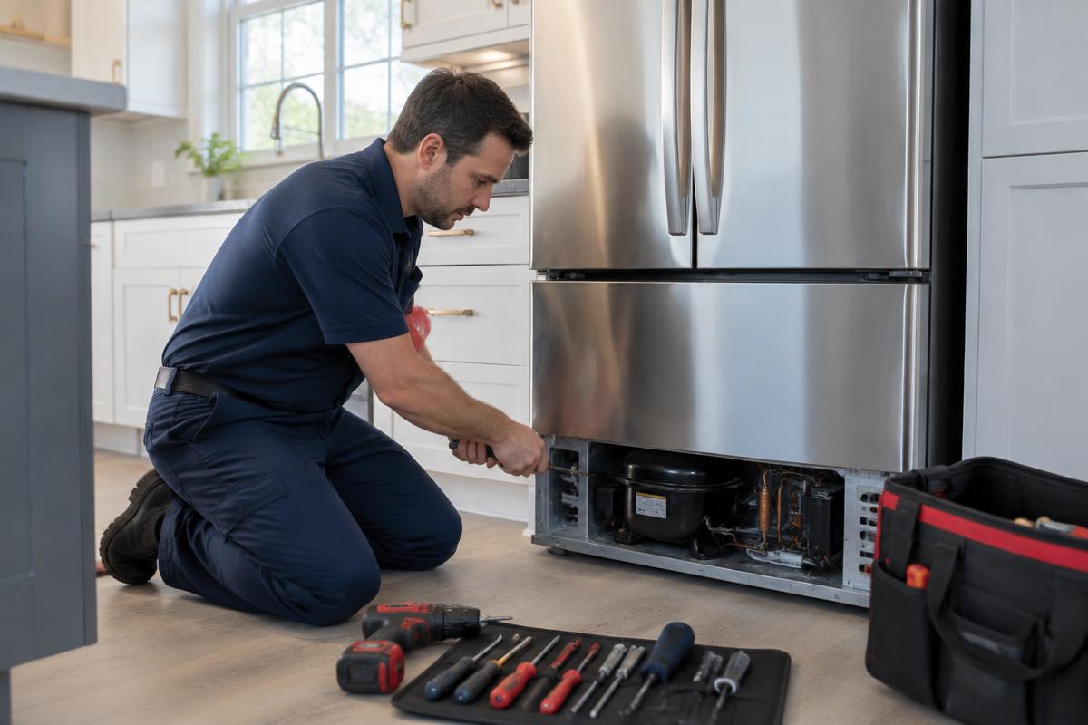 Atech Repair Service technician repairing a stainless steel refrigerator in a Charlotte, NC kitchen