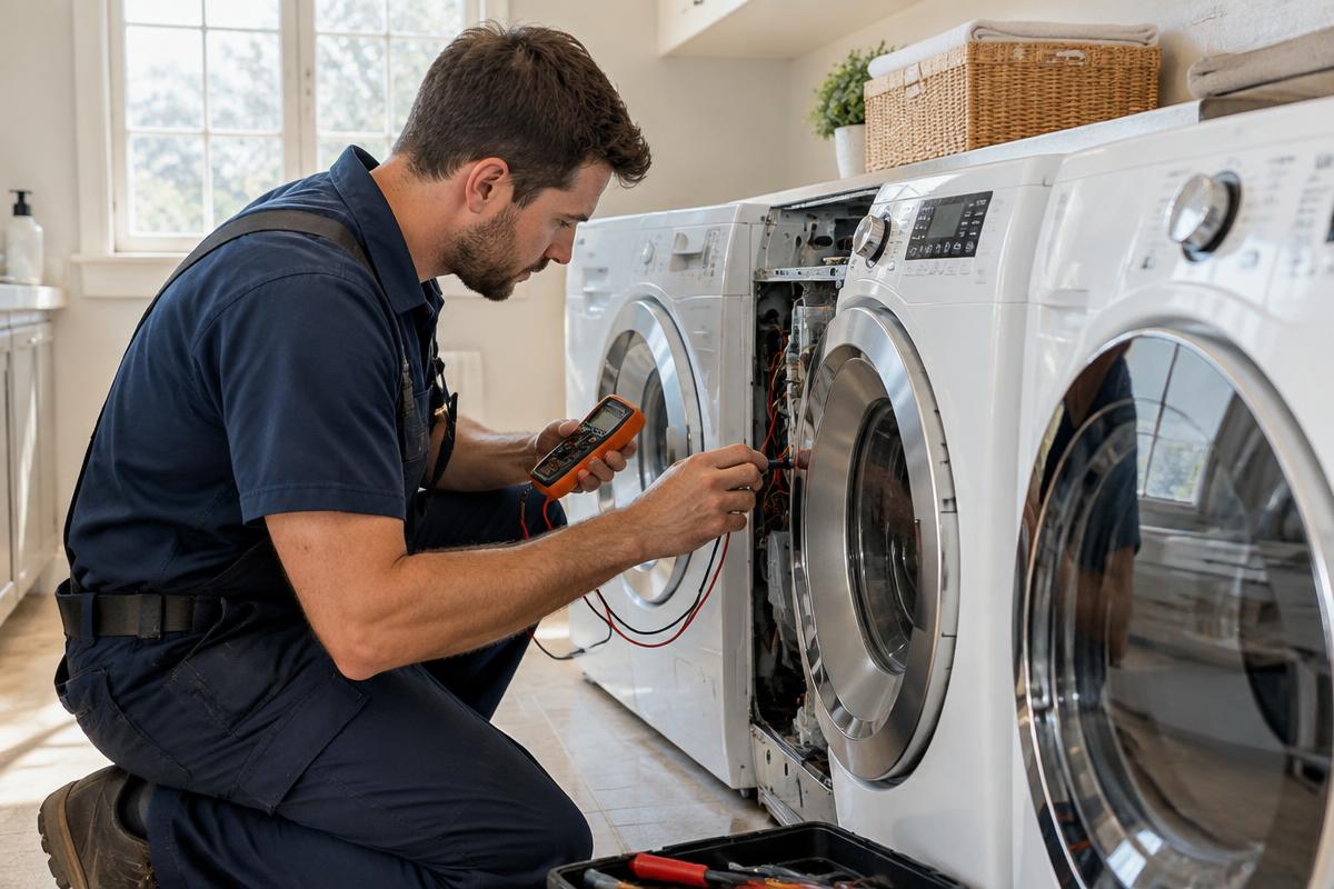 Appliance technician testing a front-load washer with a multimeter in a Charlotte home laundry room